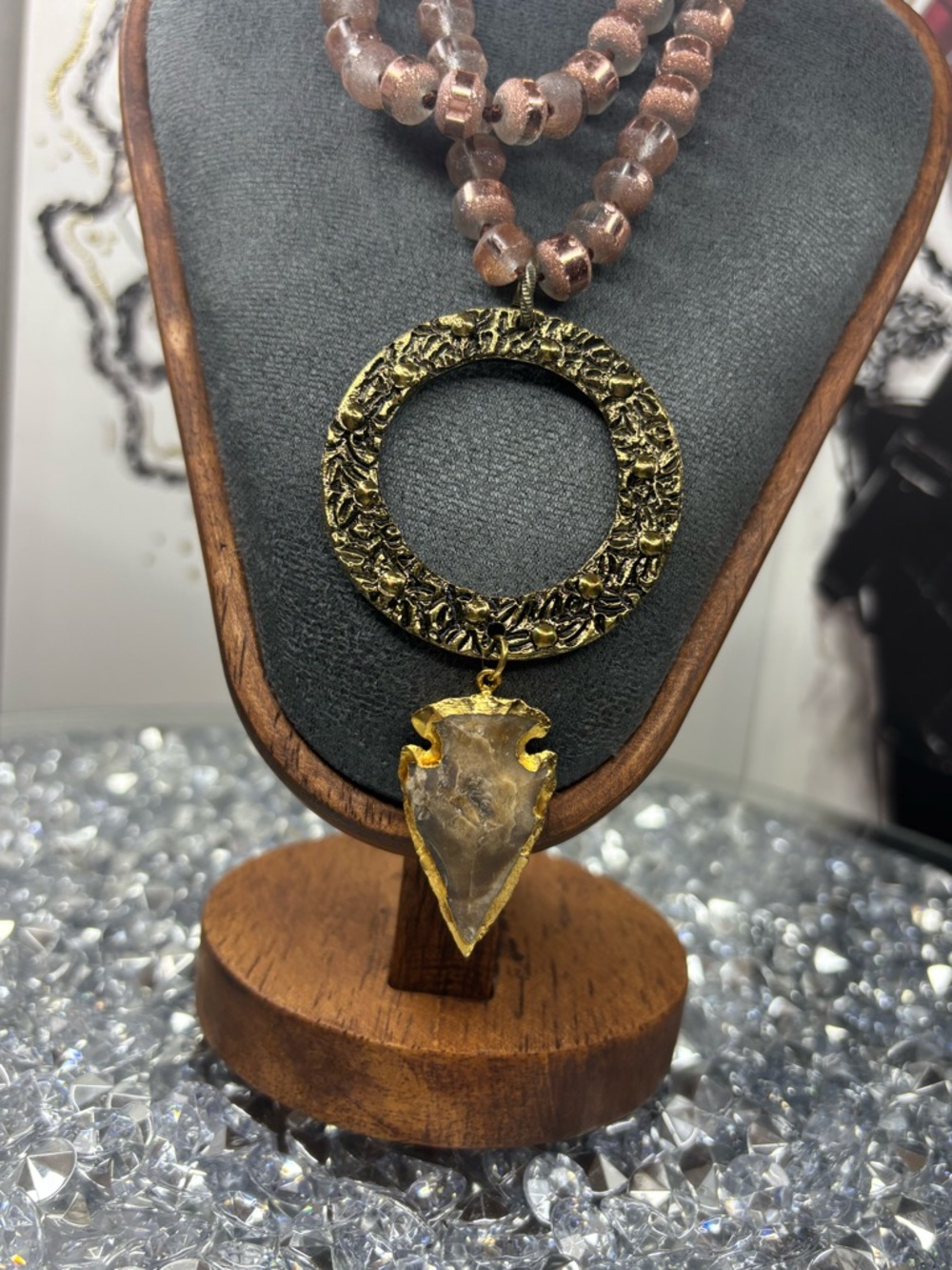 Rose Gold tiger's eye beaded Necklace with Ornate Gold Circle Pendant - Picture 3 of 8